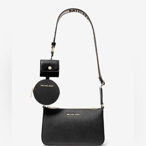 Michael Kors Black Leather Triple-Pouch Crossbody with Logo Strap
